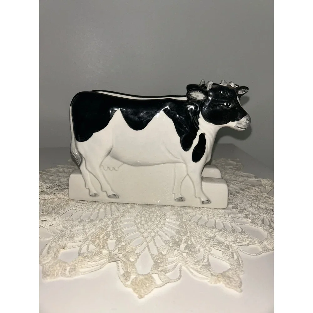 Vintage Otagiri Japan Ceramic Cow Napkin Holder Black White Farmhouse Decor